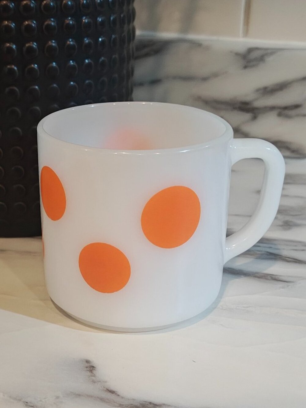 Vintage Federal Glass Orange Polka Dot Milk Glass Mug Retro Rare Hard to Find